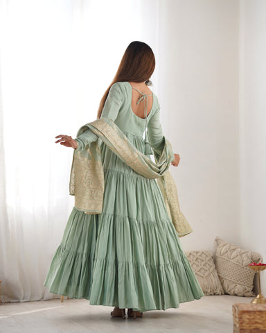 Elegant Pista Color Pure Roman Silk Chanderi Fabric Fully Flair Anarkali Gown With Dupatta
