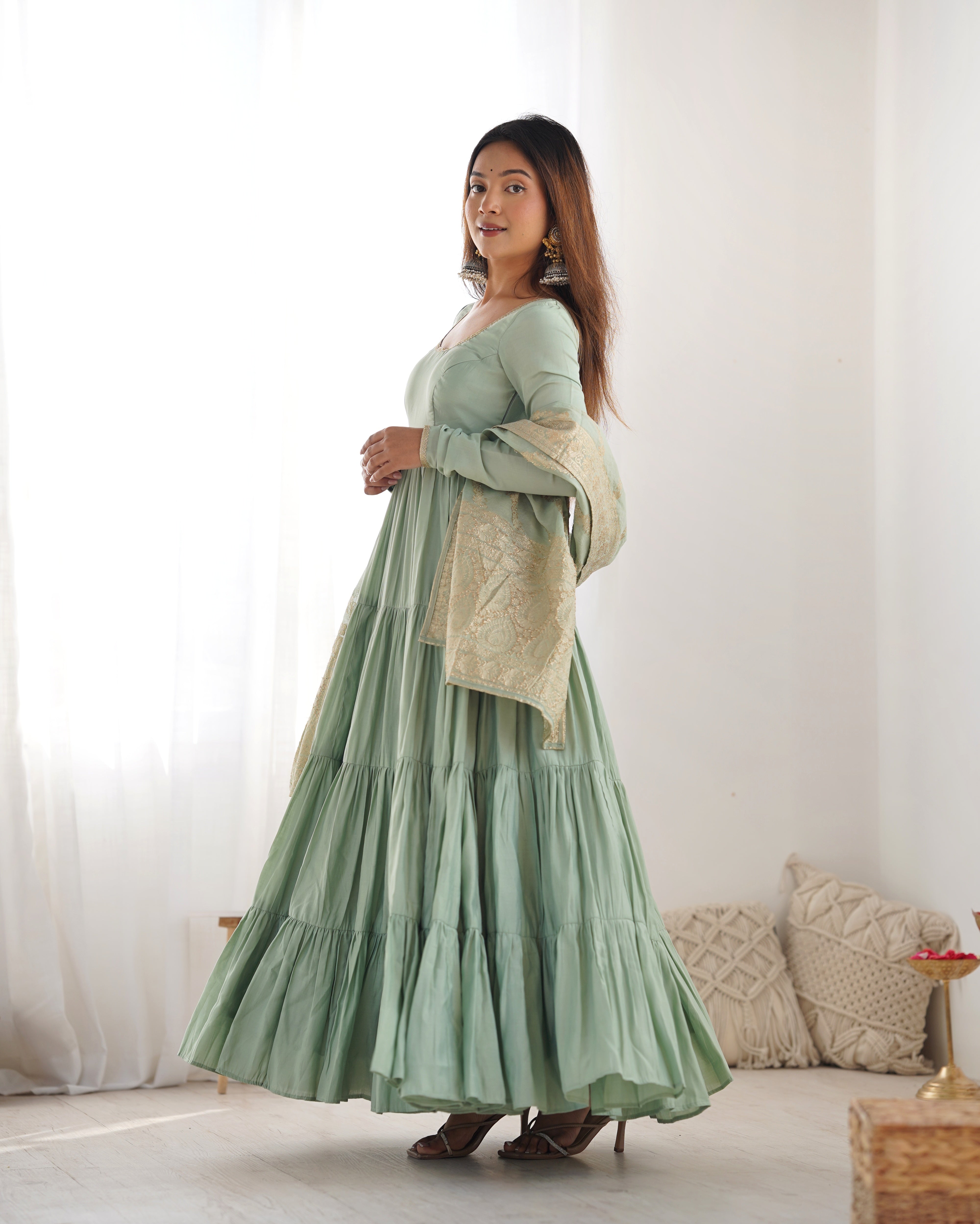 Elegant Pista Color Pure Roman Silk Chanderi Fabric Fully Flair Anarkali Gown With Dupatta