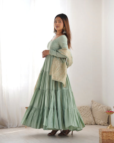 Elegant Pista Color Pure Roman Silk Chanderi Fabric Fully Flair Anarkali Gown With Dupatta