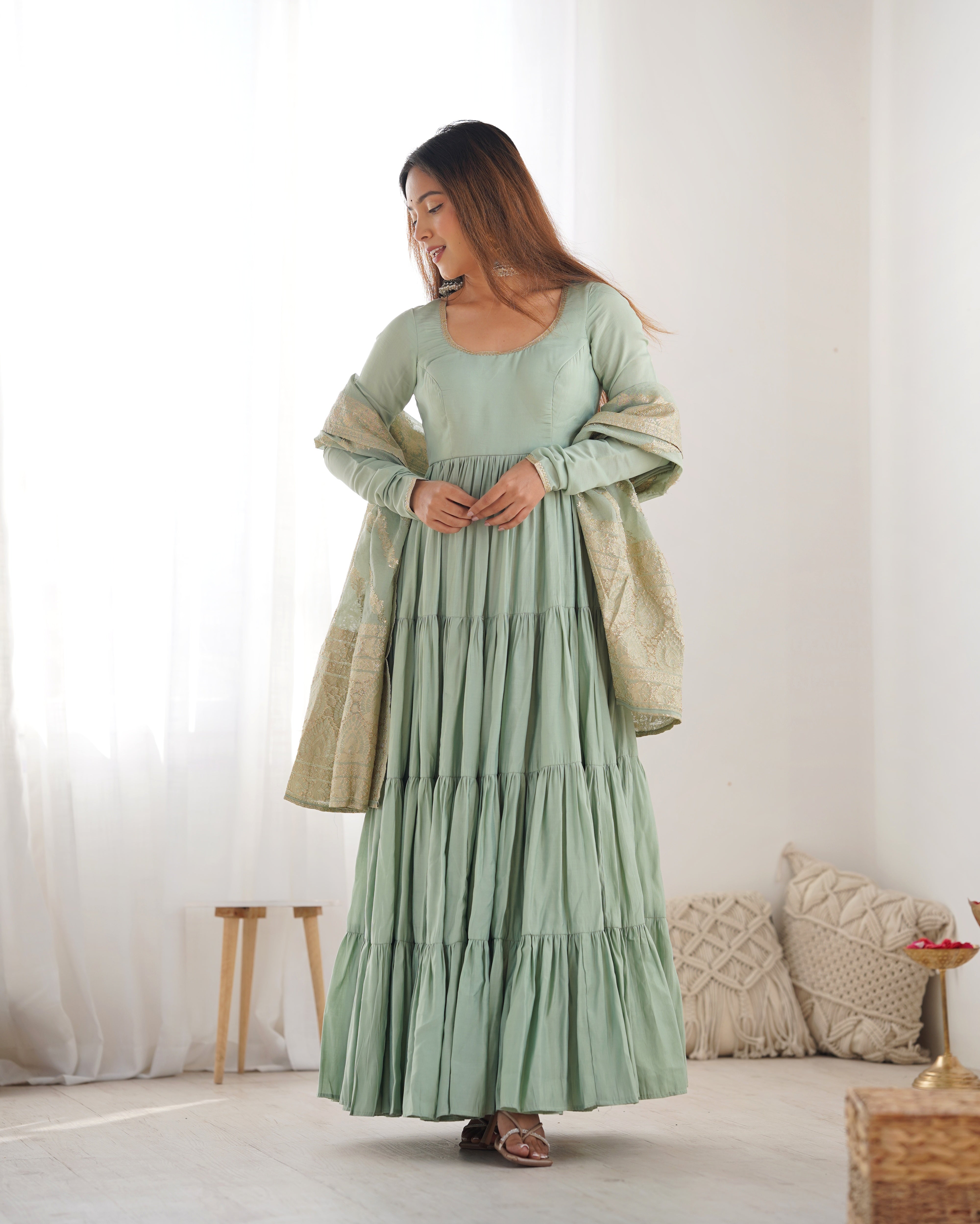 Elegant Pista Color Pure Roman Silk Chanderi Fabric Fully Flair Anarkali Gown With Dupatta