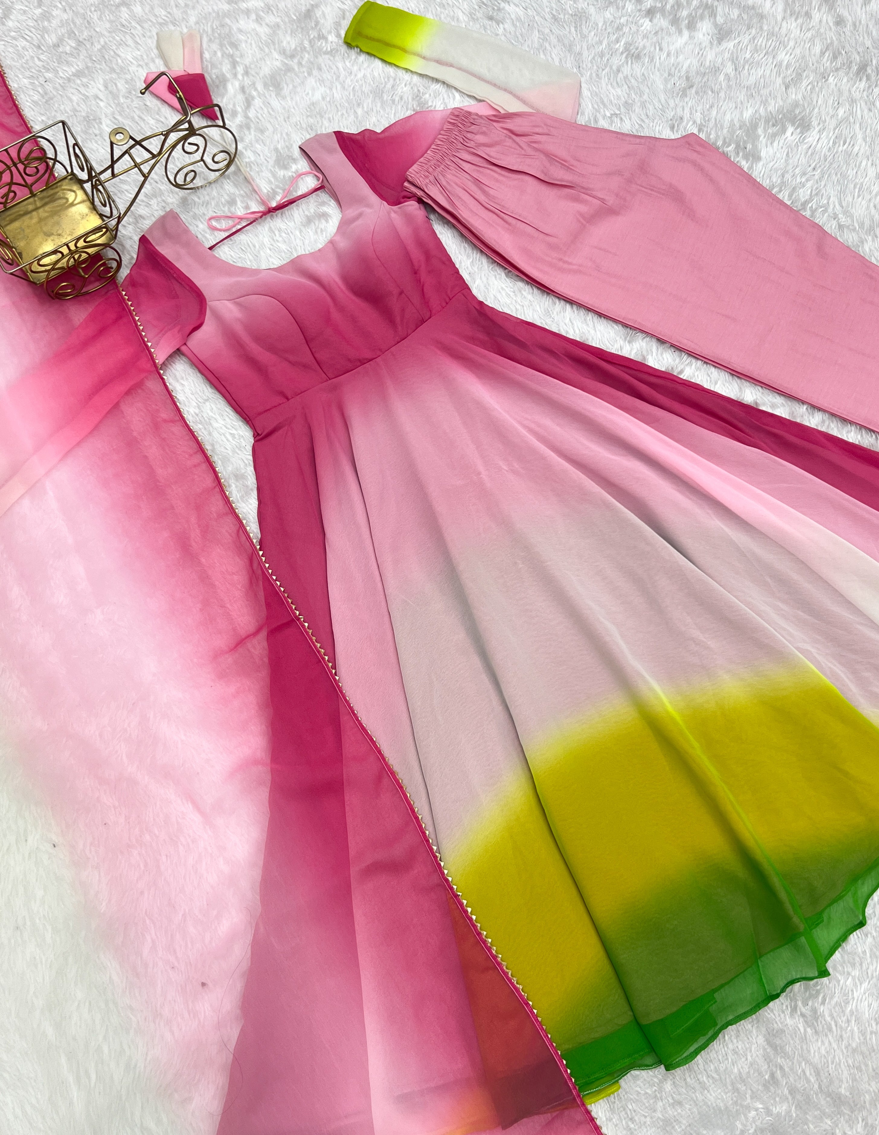 Luxuriant Peach And Pink Color Heavy Pure Soft Faux Georgette Designer Anarkali Gown