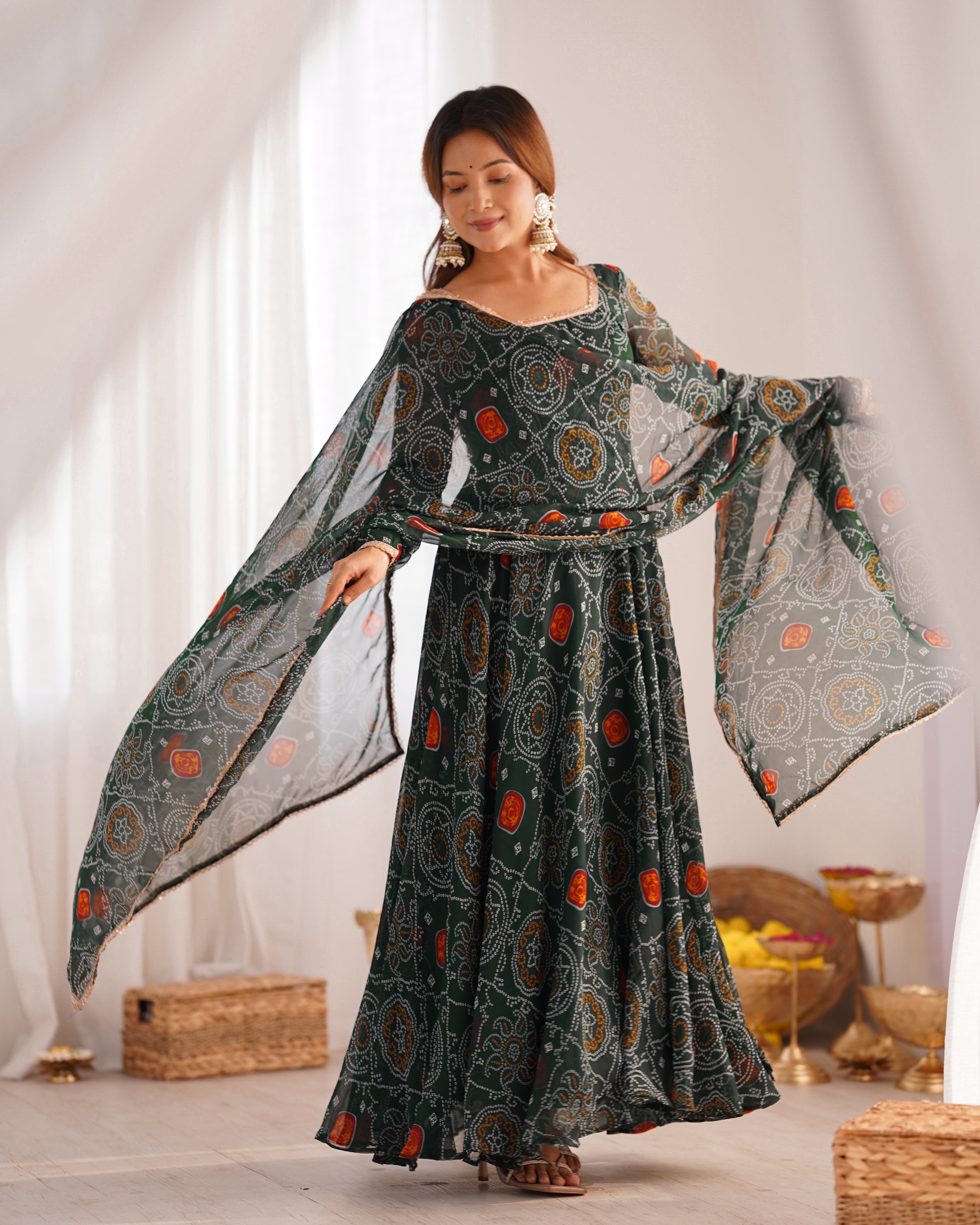 Ceremony Wear Green Color Pure Soft Lightweight Chiffon Bandhej Fabric Designer Gown
