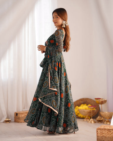 Ceremony Wear Green Color Pure Soft Lightweight Chiffon Bandhej Fabric Designer Gown