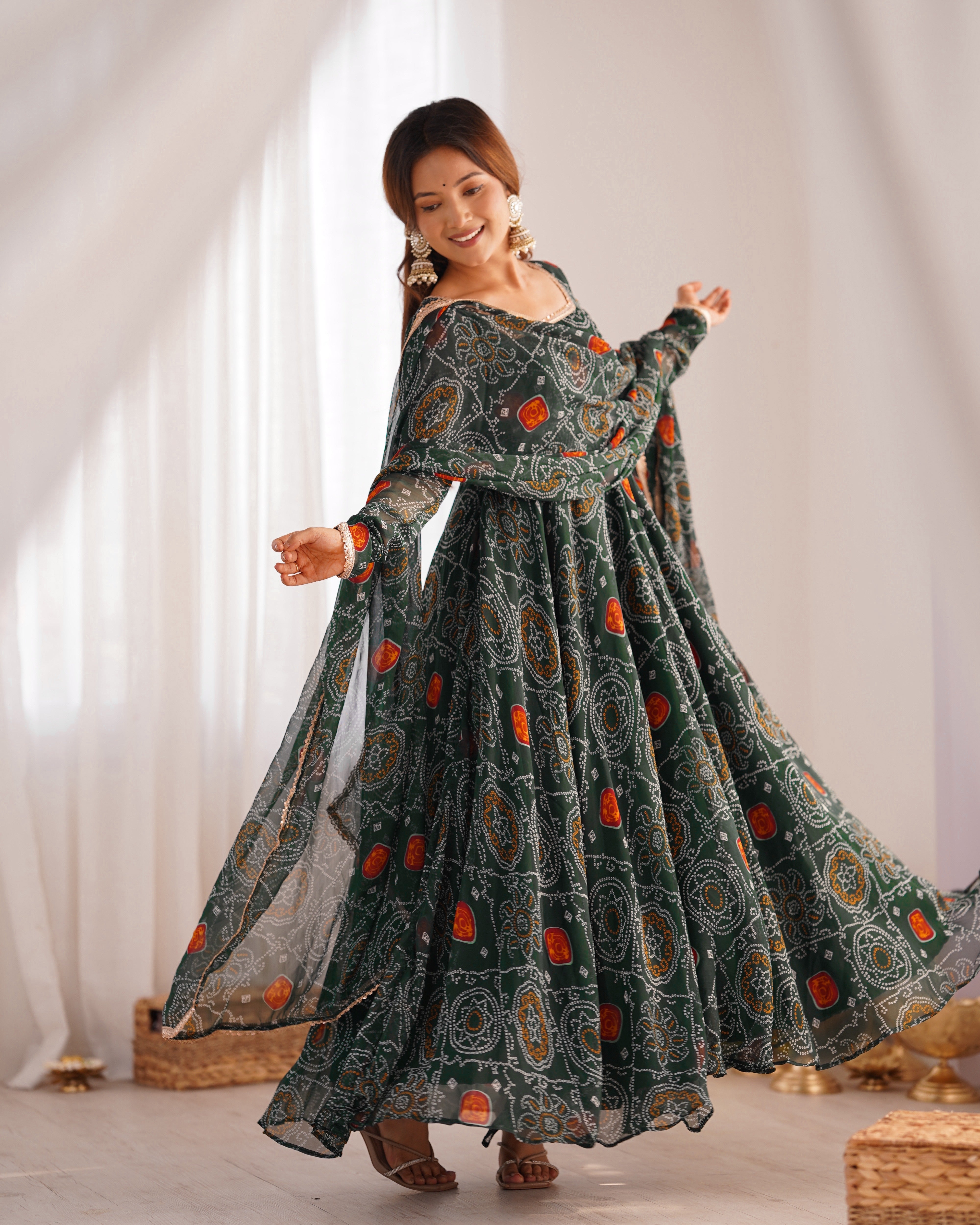 Ceremony Wear Green Color Pure Soft Lightweight Chiffon Bandhej Fabric Designer Gown