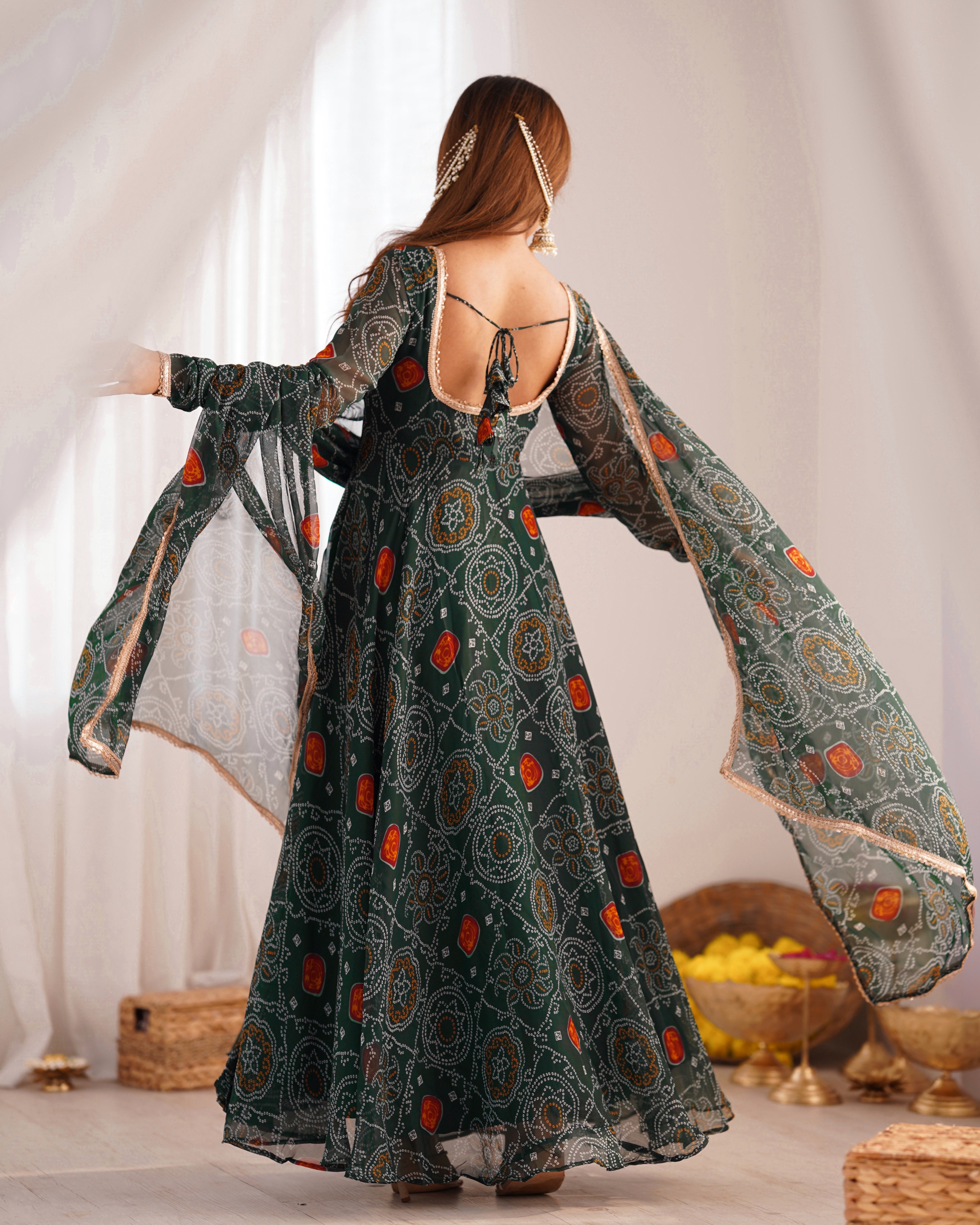 Ceremony Wear Green Color Pure Soft Lightweight Chiffon Bandhej Fabric Designer Gown