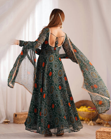 Ceremony Wear Green Color Pure Soft Lightweight Chiffon Bandhej Fabric Designer Gown