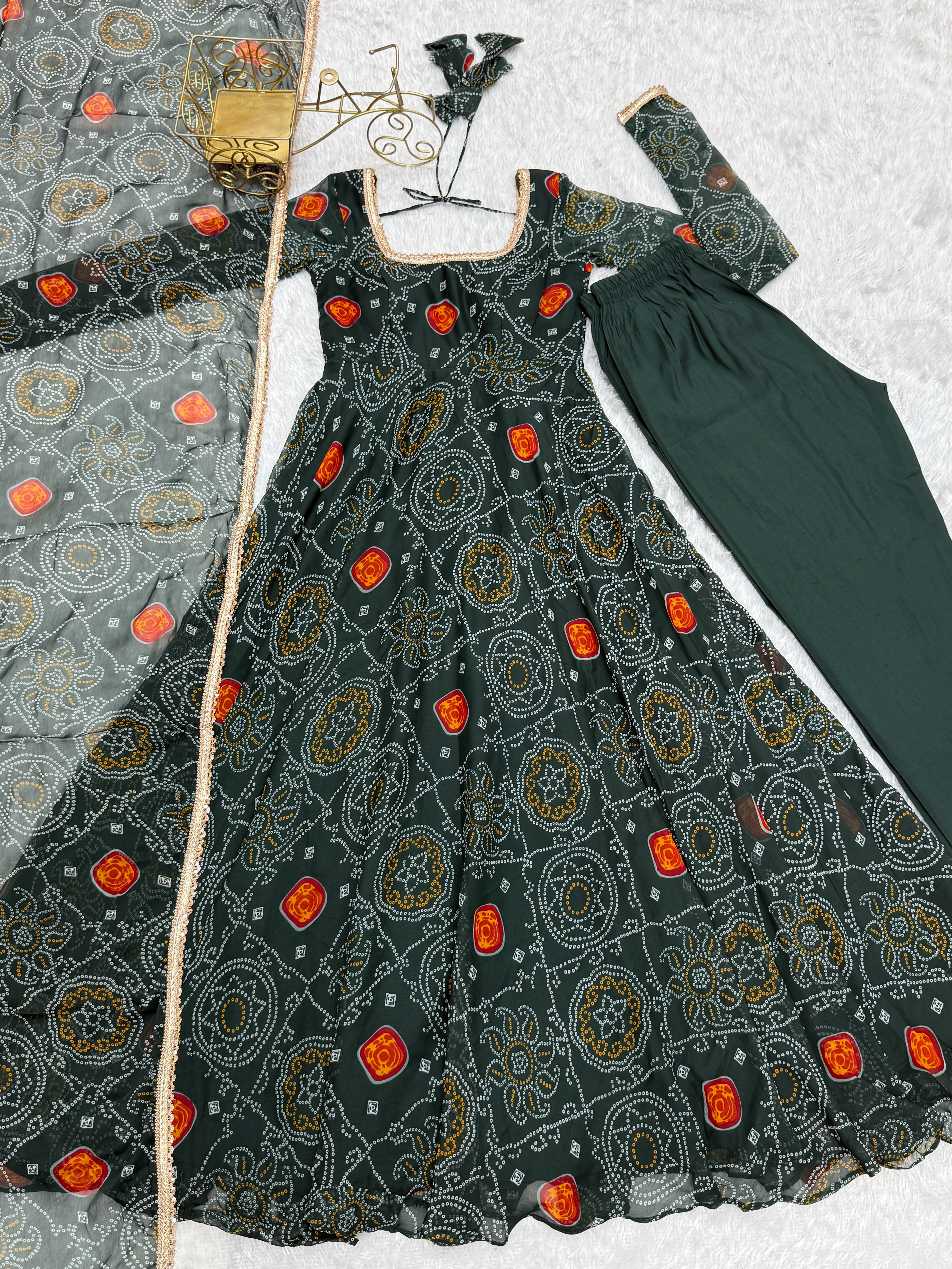 Ceremony Wear Green Color Pure Soft Lightweight Chiffon Bandhej Fabric Designer Gown
