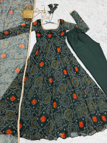 Ceremony Wear Green Color Pure Soft Lightweight Chiffon Bandhej Fabric Designer Gown