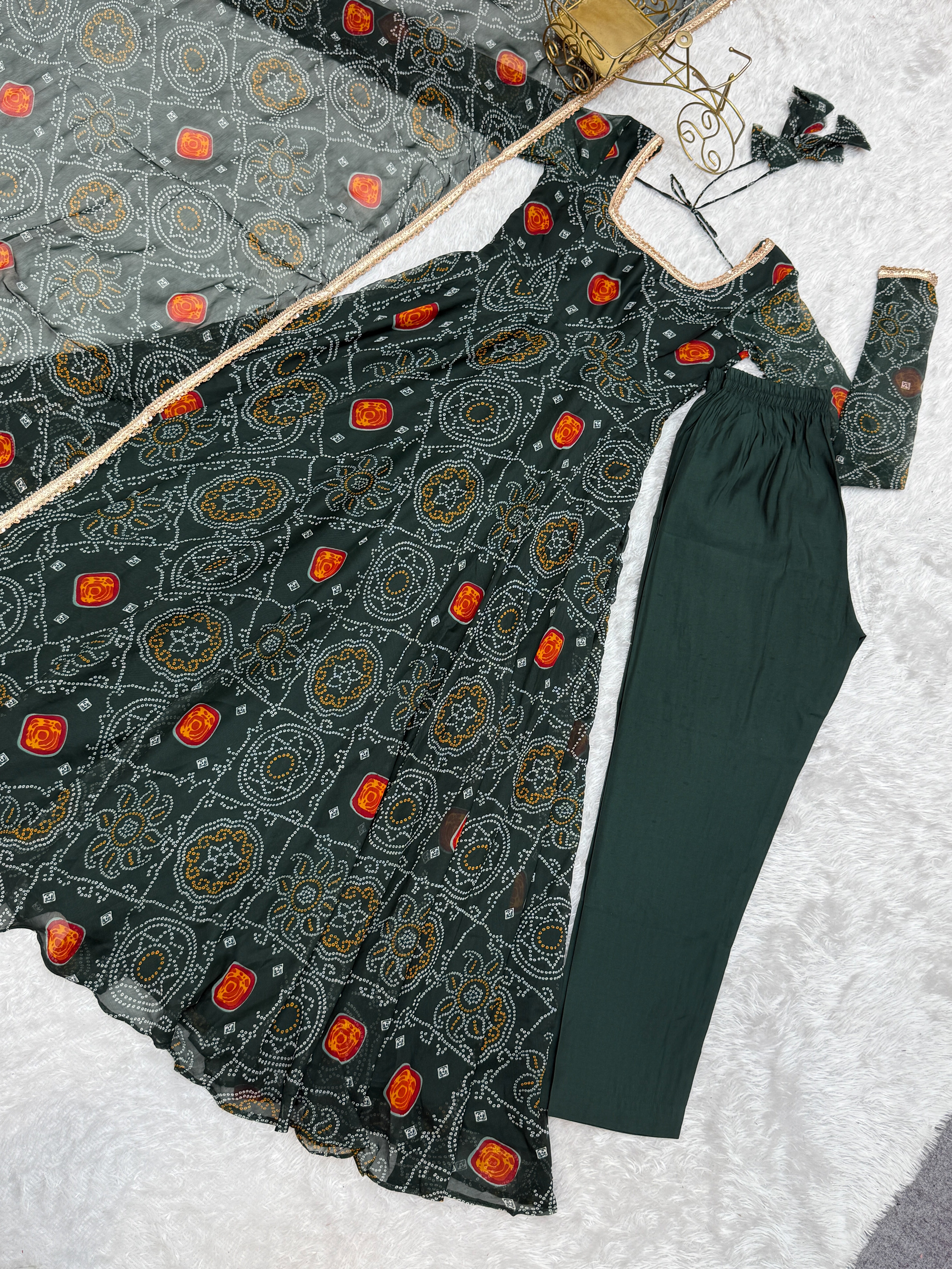 Ceremony Wear Green Color Pure Soft Lightweight Chiffon Bandhej Fabric Designer Gown