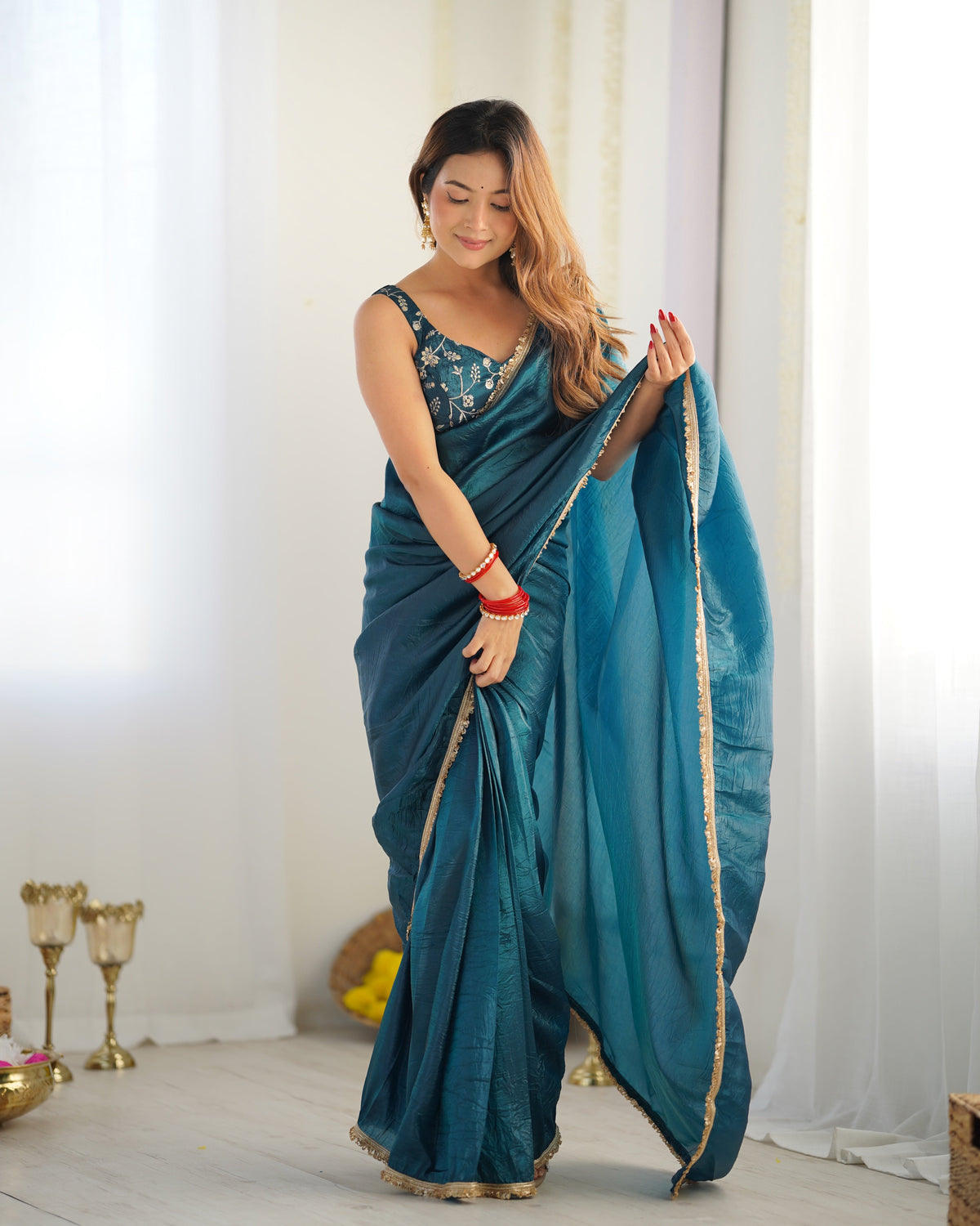 Function Wear Teal Blue Color Premium Quality Gold Crush Tissue Silk Fabric With Fancy Border Premium Lace Work Predrapped Saree