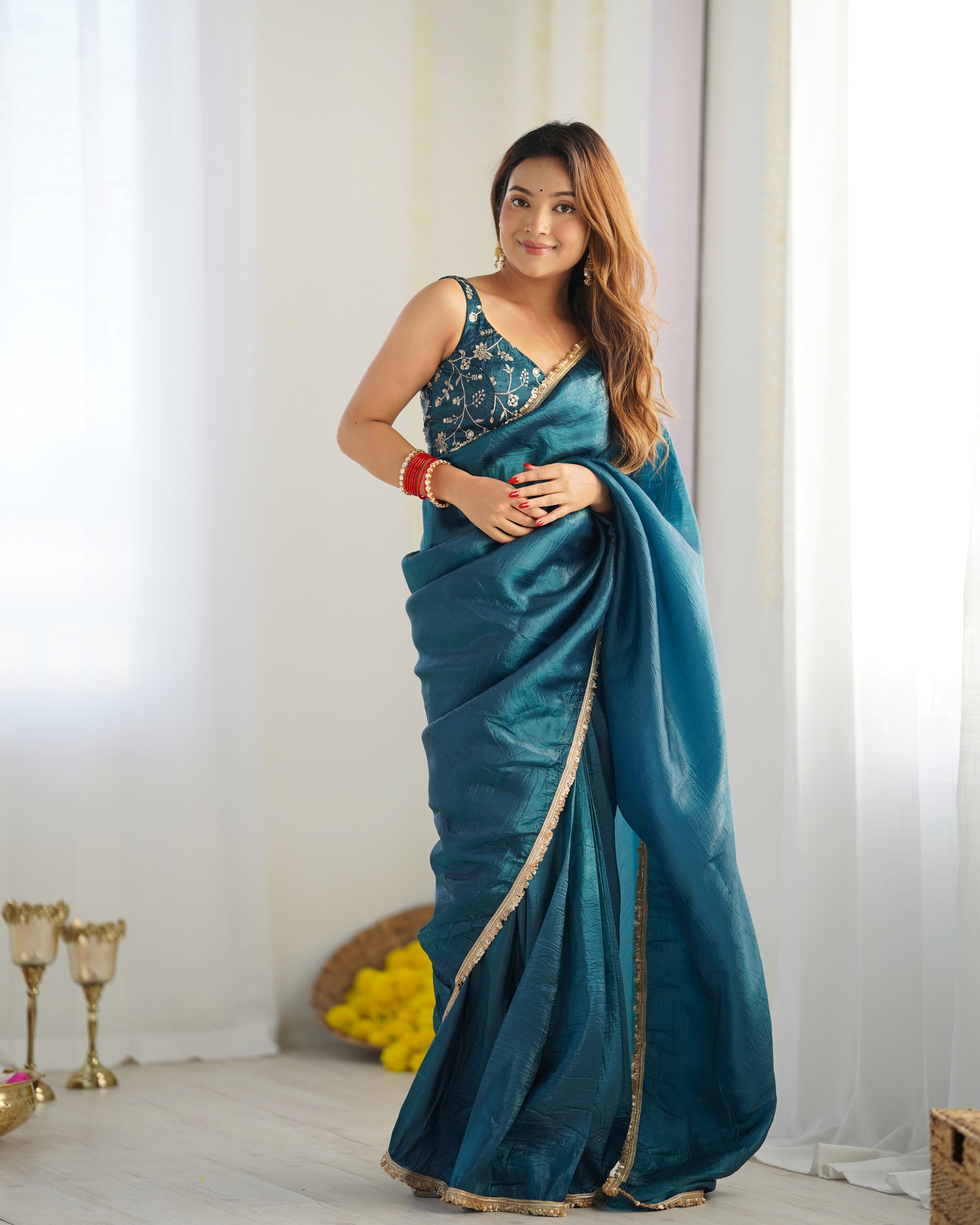 Function Wear Teal Blue Color Premium Quality Gold Crush Tissue Silk Fabric With Fancy Border Premium Lace Work Predrapped Saree