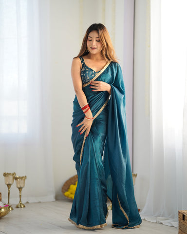 Function Wear Teal Blue Color Premium Quality Gold Crush Tissue Silk Fabric With Fancy Border Premium Lace Work Predrapped Saree