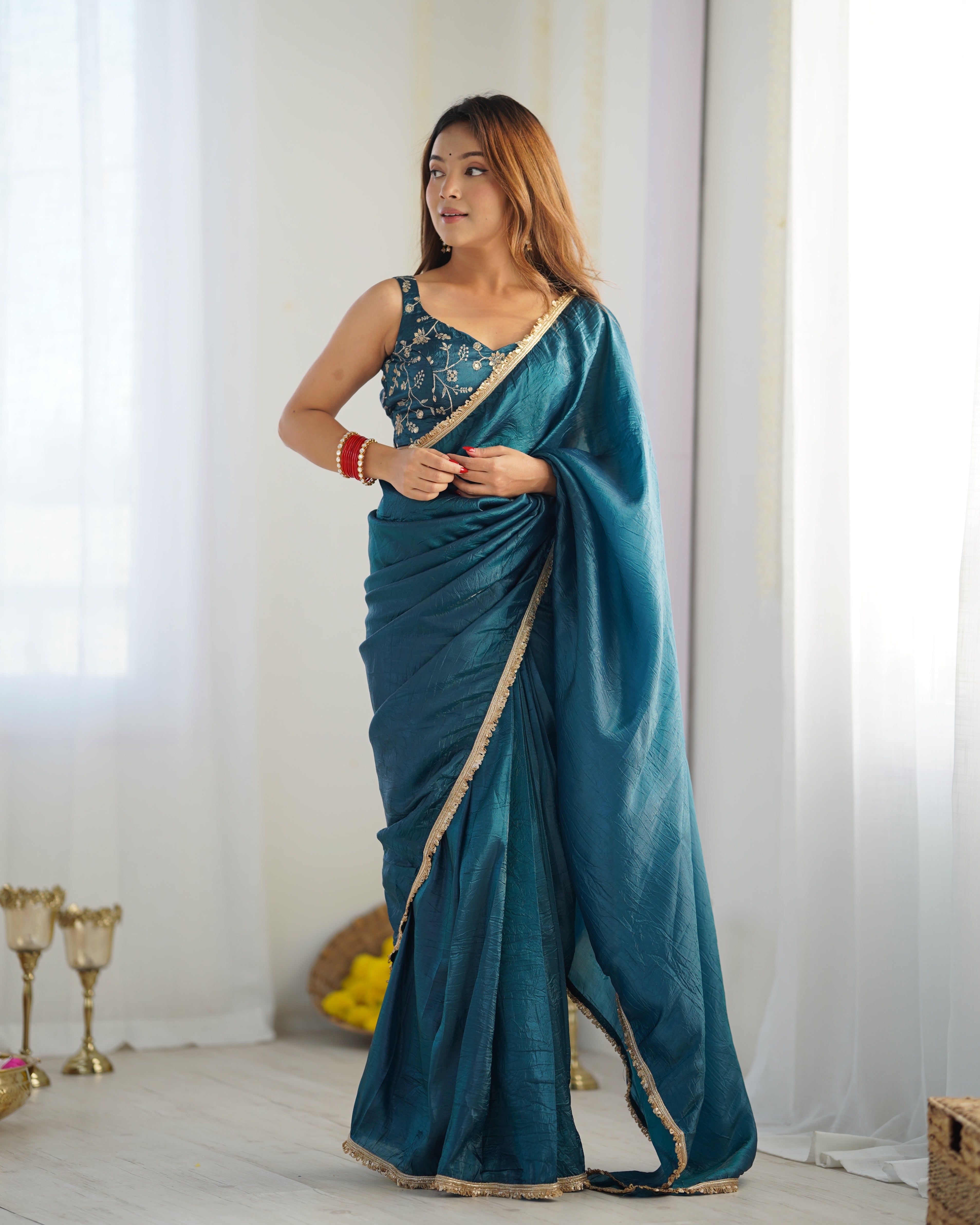 Function Wear Teal Blue Color Premium Quality Gold Crush Tissue Silk Fabric With Fancy Border Premium Lace Work Predrapped Saree