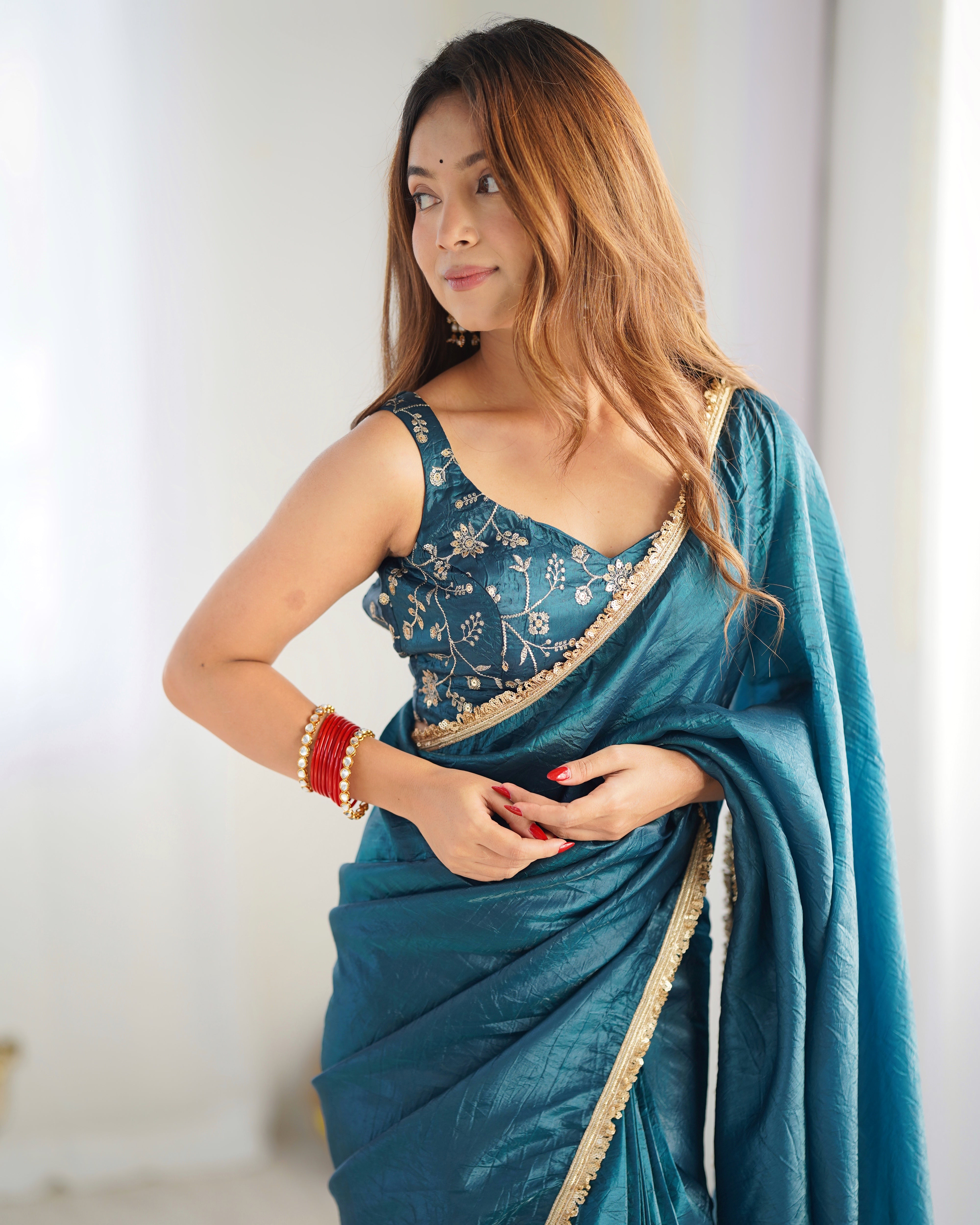 Function Wear Teal Blue Color Premium Quality Gold Crush Tissue Silk Fabric With Fancy Border Premium Lace Work Predrapped Saree