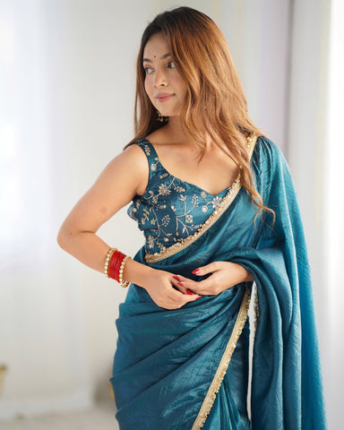 Function Wear Teal Blue Color Premium Quality Gold Crush Tissue Silk Fabric With Fancy Border Premium Lace Work Predrapped Saree