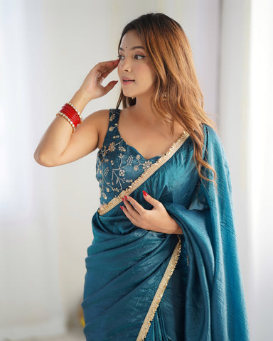 Function Wear Teal Blue Color Premium Quality Gold Crush Tissue Silk Fabric With Fancy Border Premium Lace Work Predrapped Saree