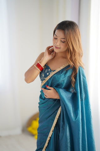 Function Wear Teal Blue Color Premium Quality Gold Crush Tissue Silk Fabric With Fancy Border Premium Lace Work Predrapped Saree