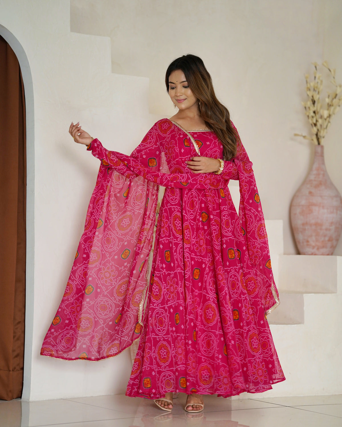 Function Wear Rani Pink Color Pure Soft Lightweight Chiffon Bandhej Fabric Designer Gown
