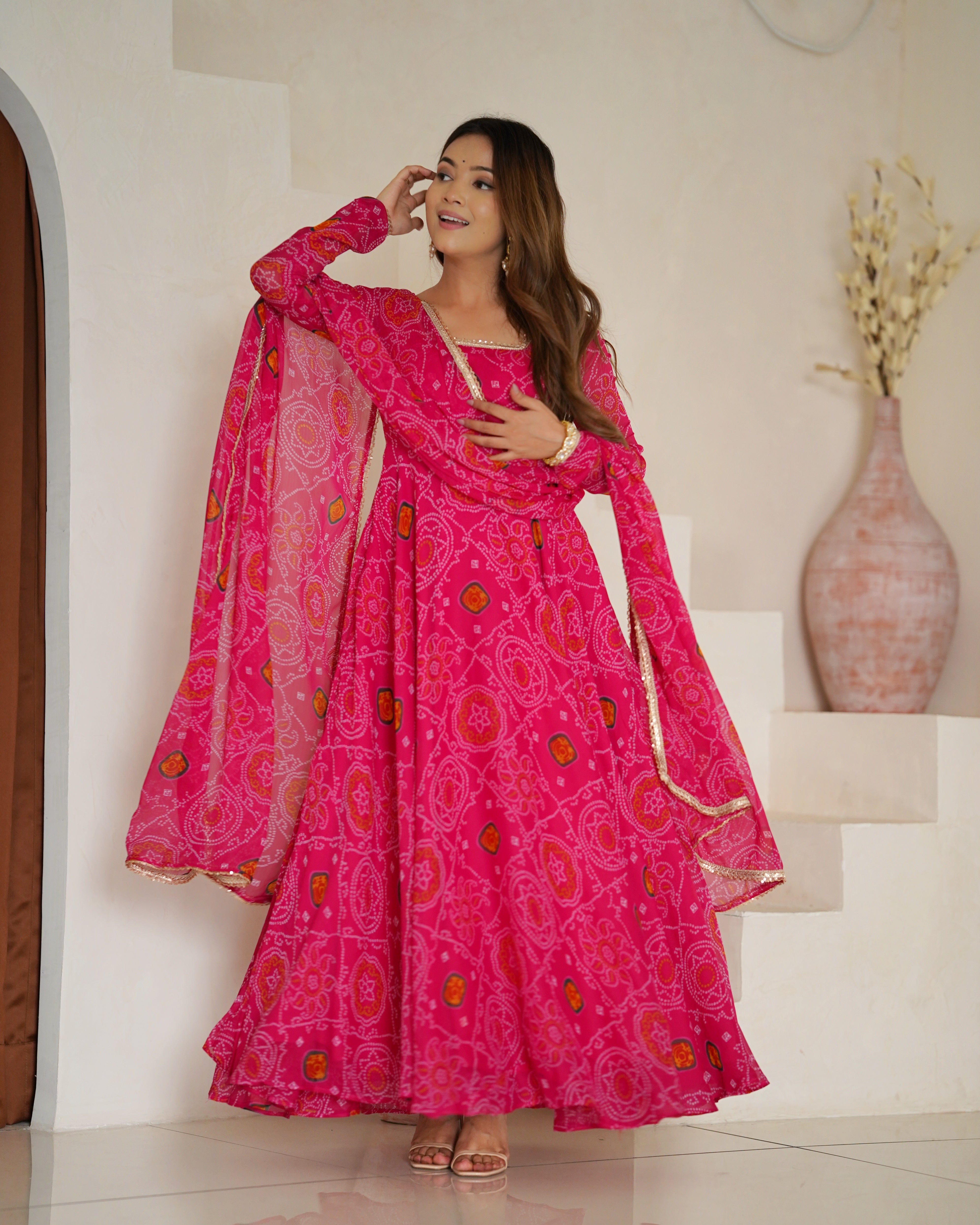 Function Wear Rani Pink Color Pure Soft Lightweight Chiffon Bandhej Fabric Designer Gown