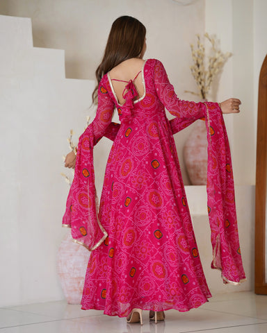 Function Wear Rani Pink Color Pure Soft Lightweight Chiffon Bandhej Fabric Designer Gown