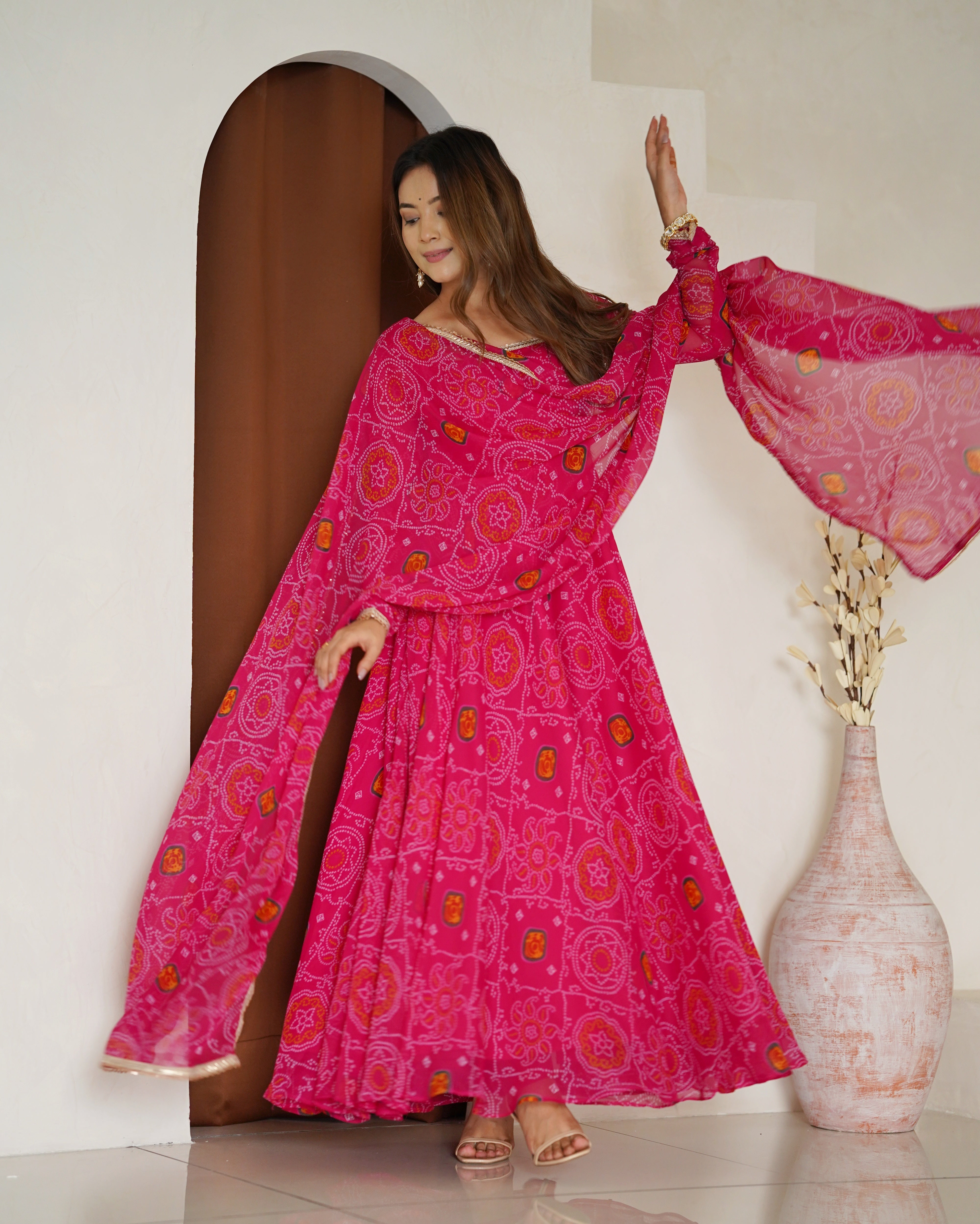 Function Wear Rani Pink Color Pure Soft Lightweight Chiffon Bandhej Fabric Designer Gown