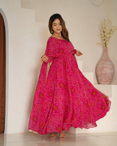 Function Wear Rani Pink Color Pure Soft Lightweight Chiffon Bandhej Fabric Designer Gown