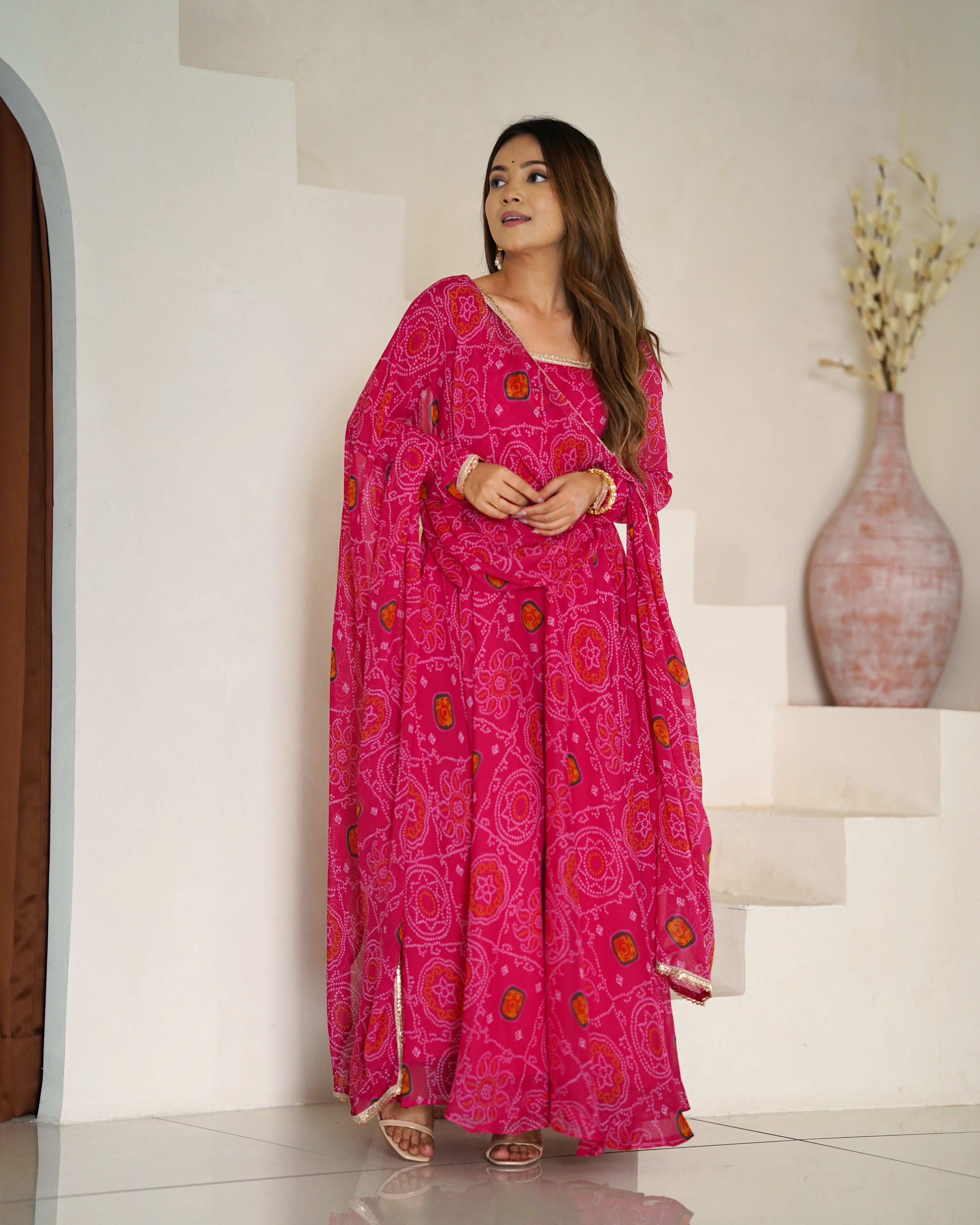 Function Wear Rani Pink Color Pure Soft Lightweight Chiffon Bandhej Fabric Designer Gown