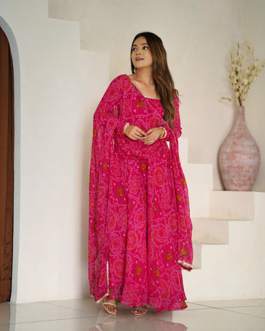 Function Wear Rani Pink Color Pure Soft Lightweight Chiffon Bandhej Fabric Designer Gown