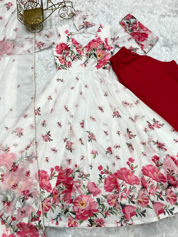 Floral Print White Color Organza Anarkali Suit