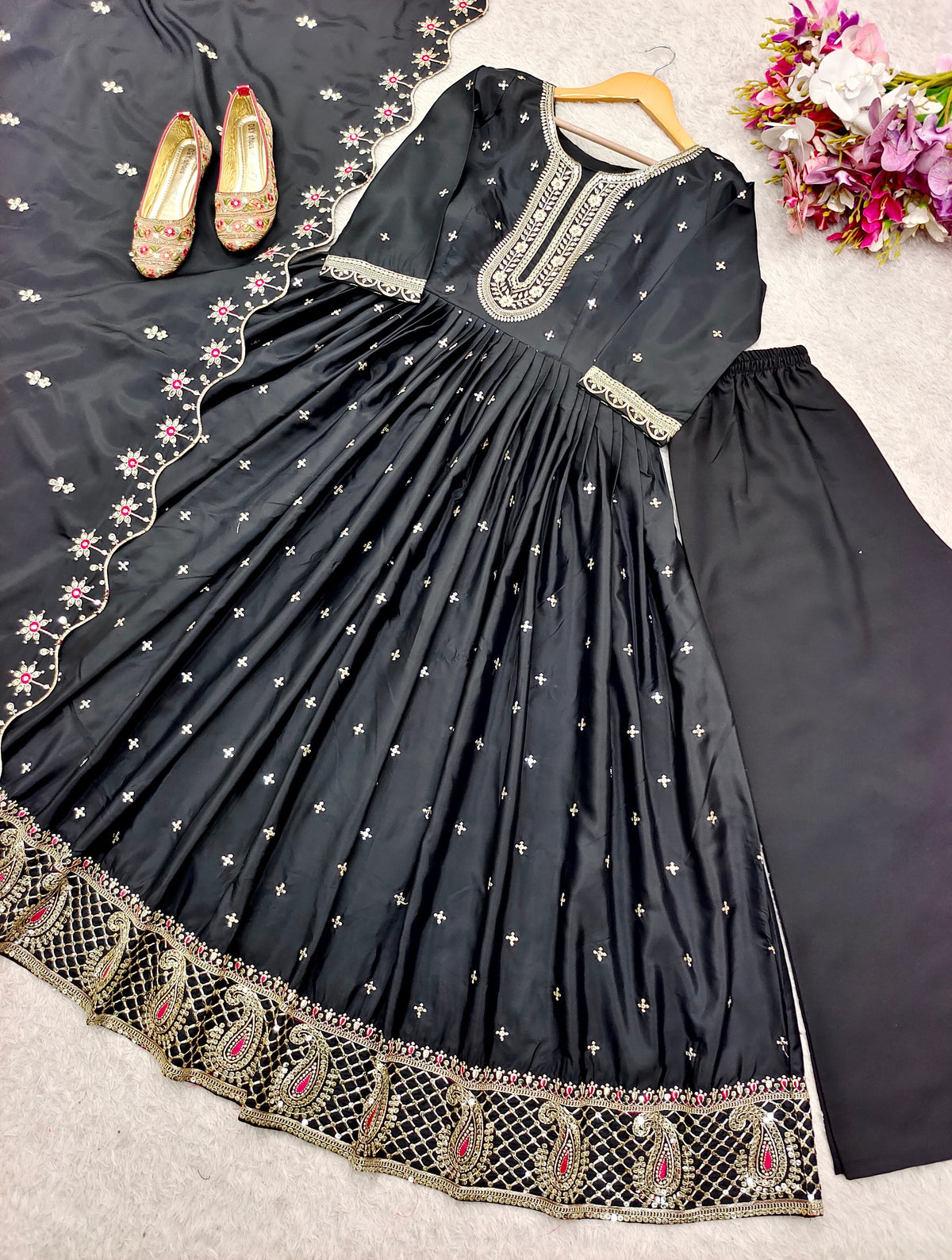 Occasion Wear Black Color Pure Natural Crep With Heavy Embroidery Sequence Work Designer Gown