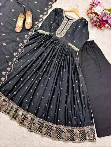 Occasion Wear Black Color Pure Natural Crep With Heavy Embroidery Sequence Work Designer Gown