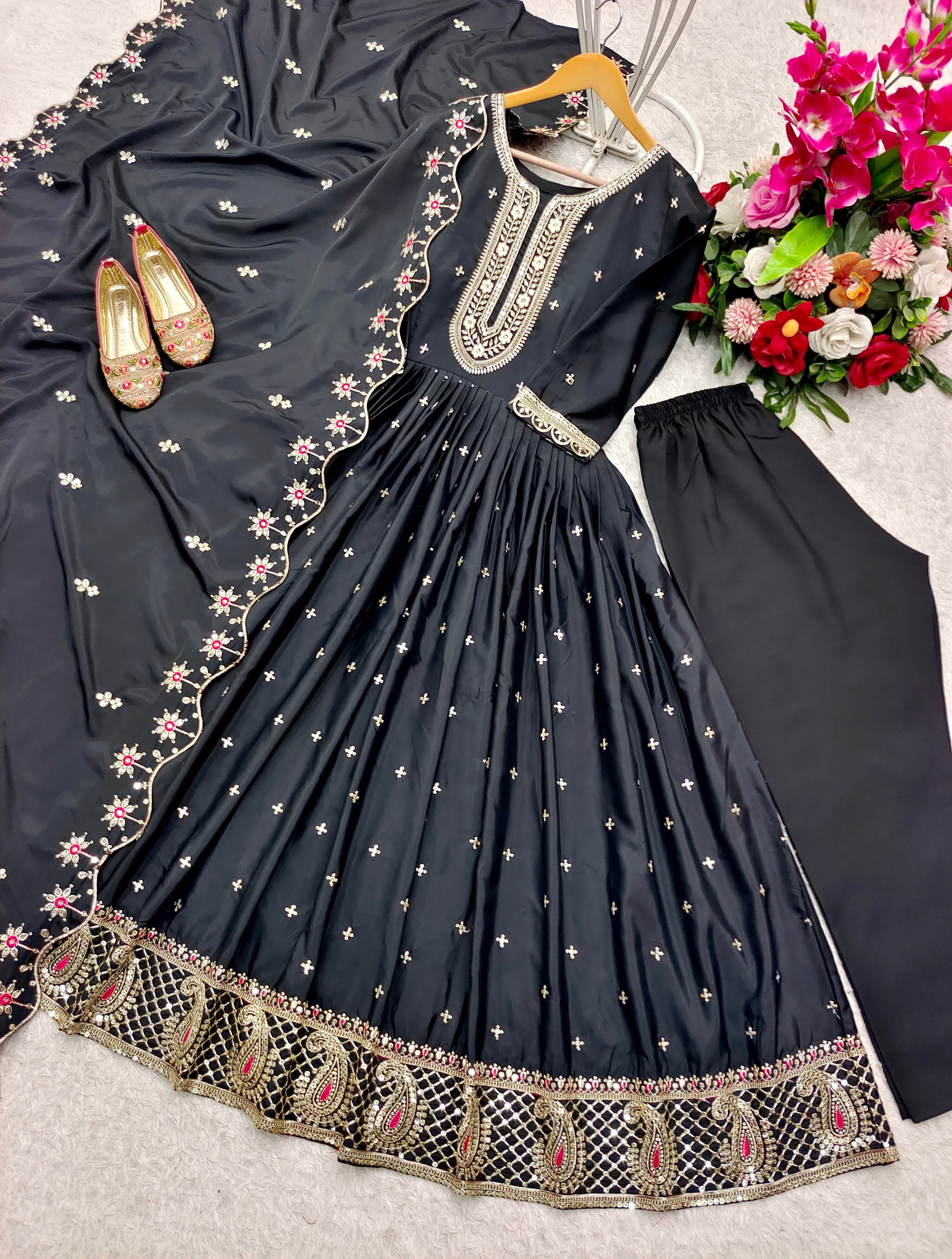 Occasion Wear Black Color Pure Natural Crep With Heavy Embroidery Sequence Work Designer Gown