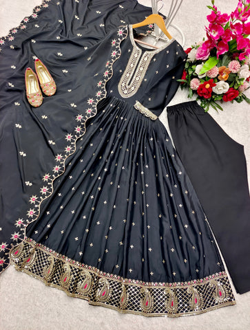 Occasion Wear Black Color Pure Natural Crep With Heavy Embroidery Sequence Work Designer Gown