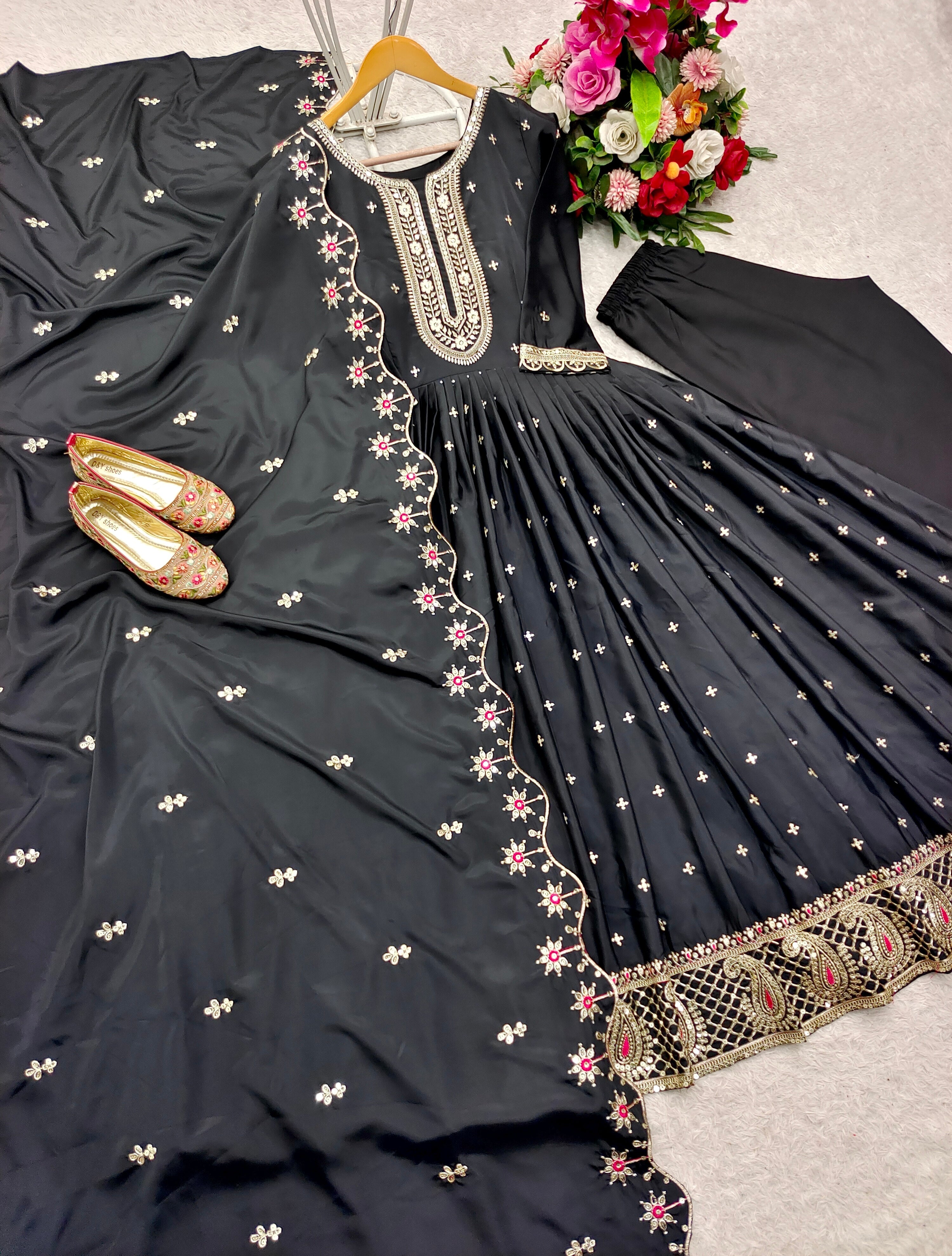 Occasion Wear Black Color Pure Natural Crep With Heavy Embroidery Sequence Work Designer Gown