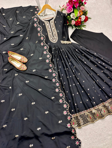 Occasion Wear Black Color Pure Natural Crep With Heavy Embroidery Sequence Work Designer Gown