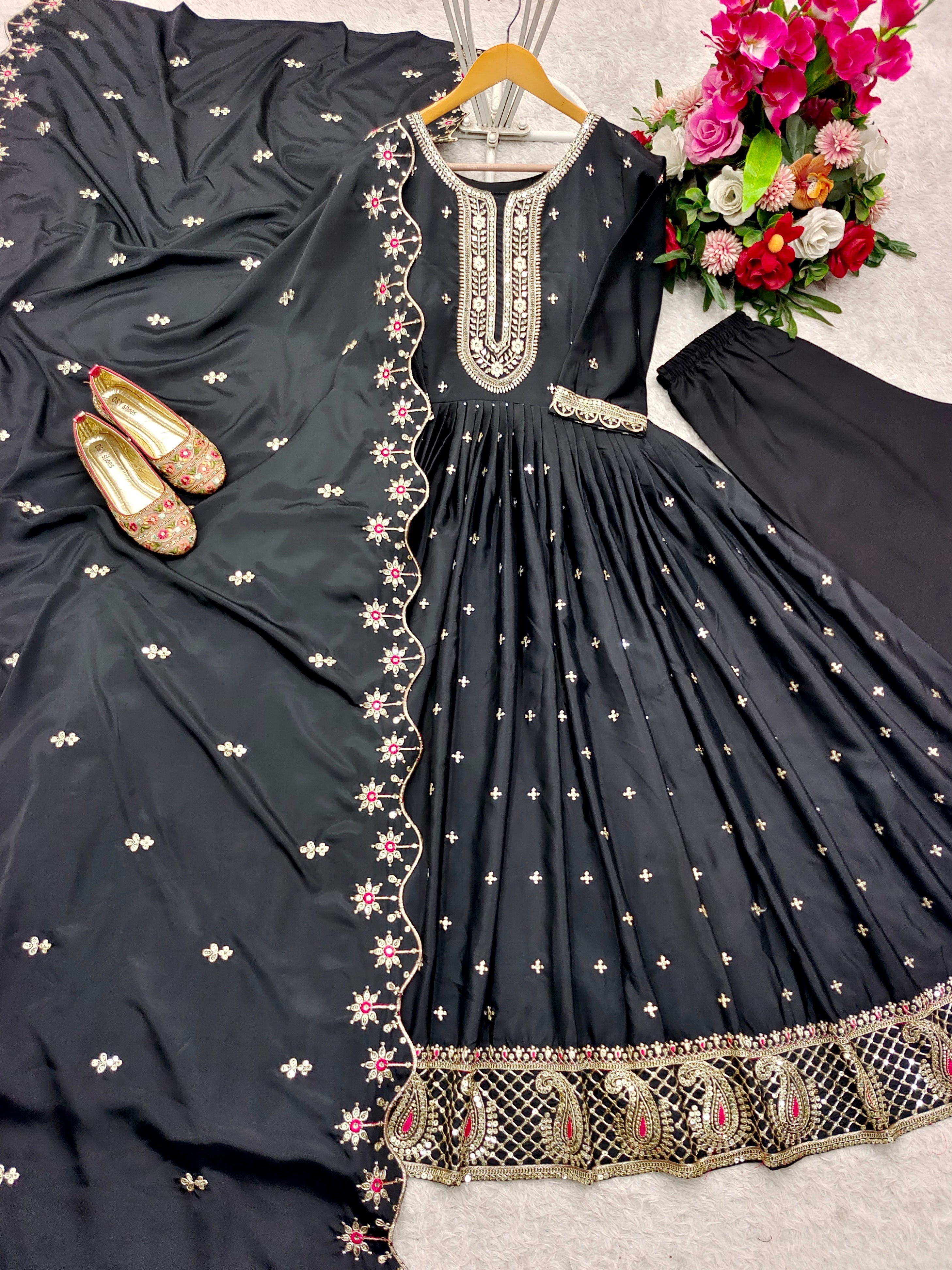 Occasion Wear Black Color Pure Natural Crep With Heavy Embroidery Sequence Work Designer Gown