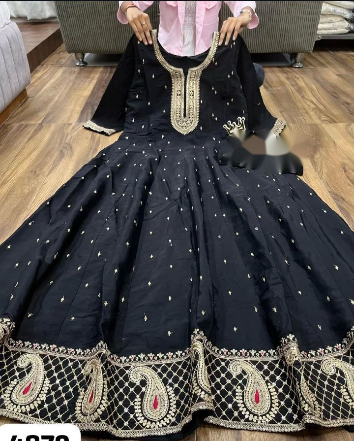 Occasion Wear Black Color Pure Natural Crep With Heavy Embroidery Sequence Work Designer Gown