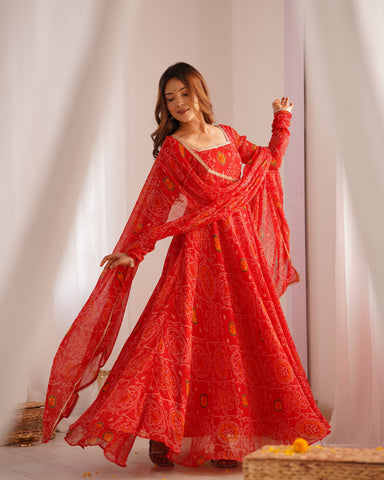 Function Wear Red Color Pure Soft Lightweight Chiffon Bandhej Fabric Designer Gown