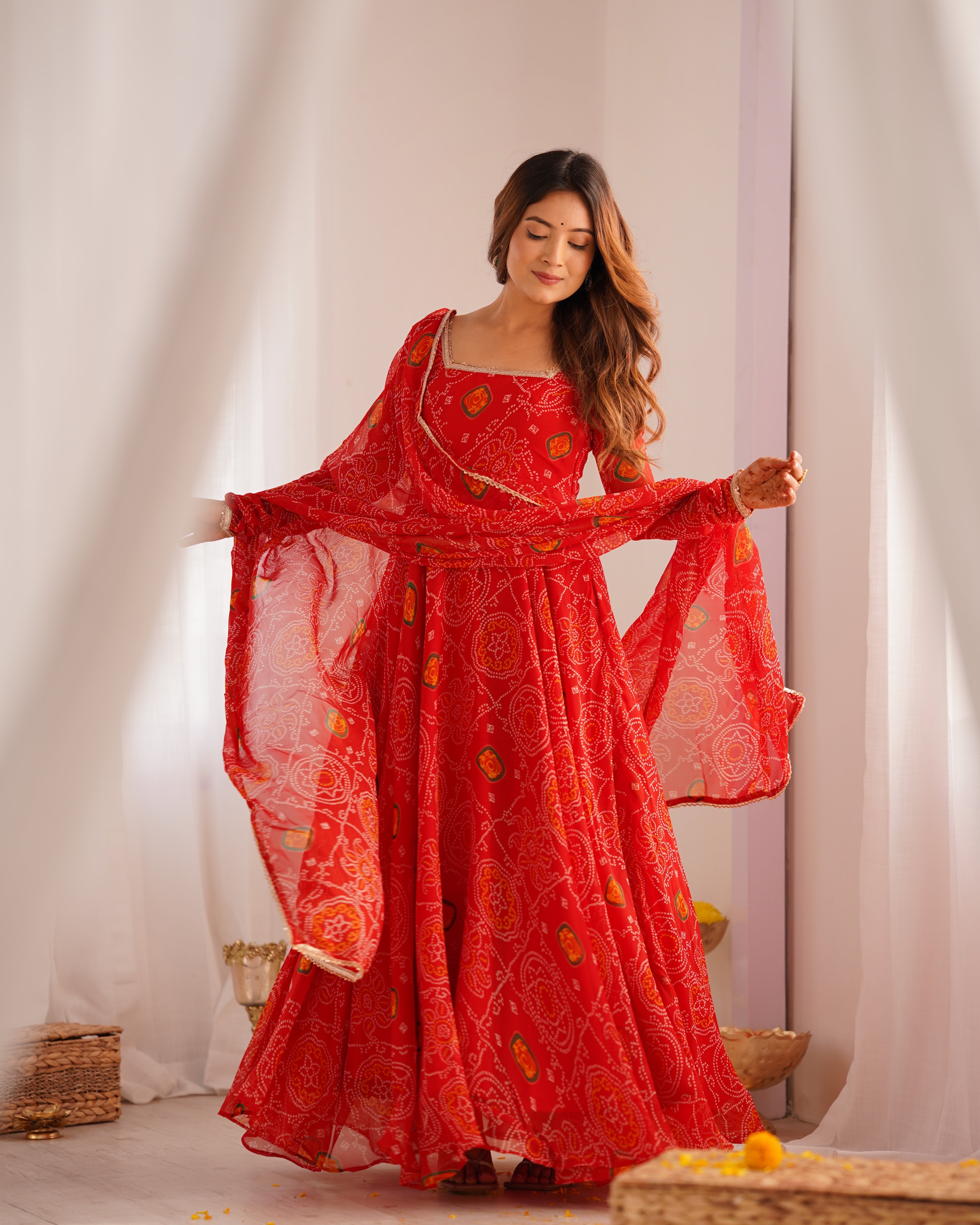 Function Wear Red Color Pure Soft Lightweight Chiffon Bandhej Fabric Designer Gown