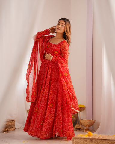 Function Wear Red Color Pure Soft Lightweight Chiffon Bandhej Fabric Designer Gown