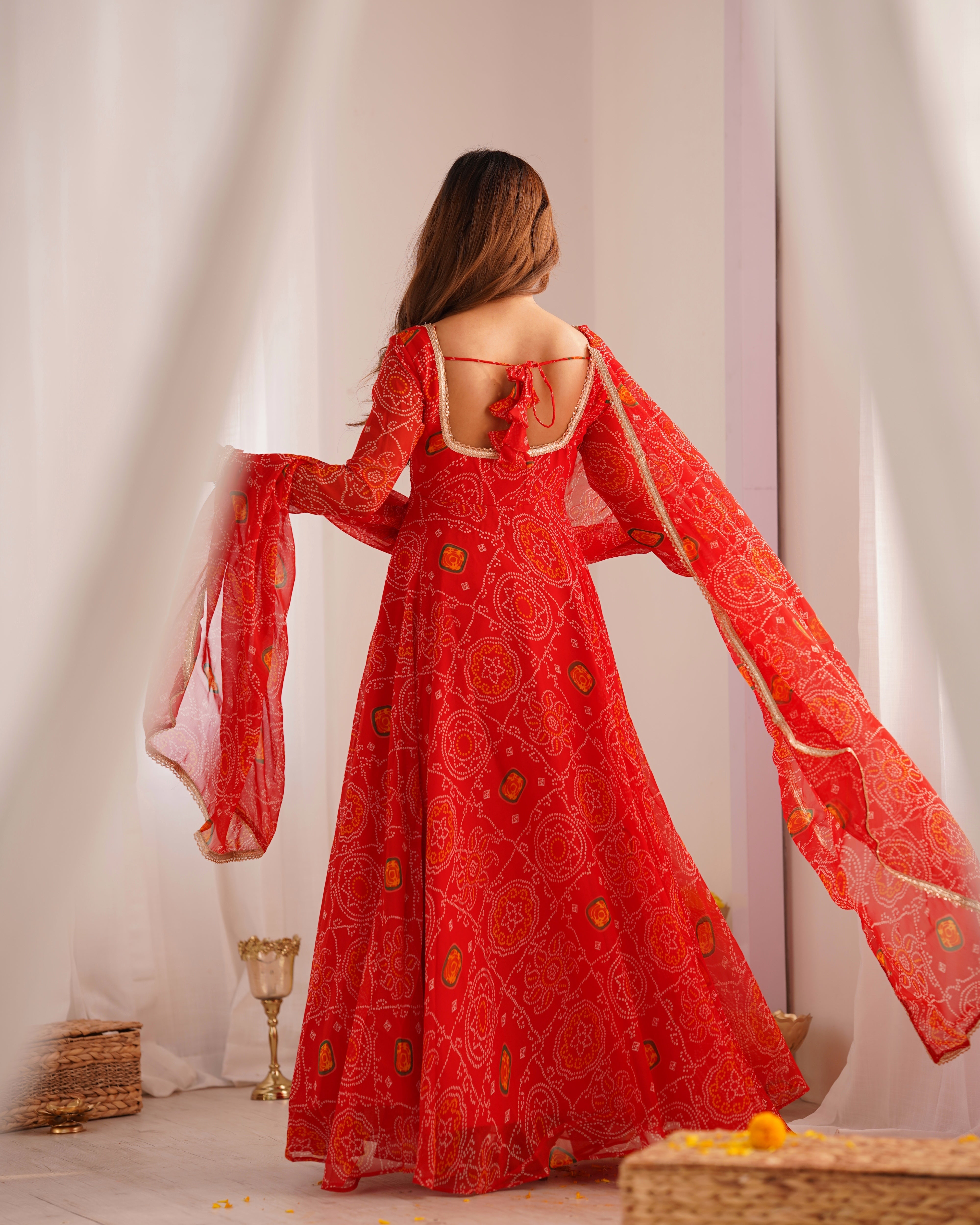 Function Wear Red Color Pure Soft Lightweight Chiffon Bandhej Fabric Designer Gown