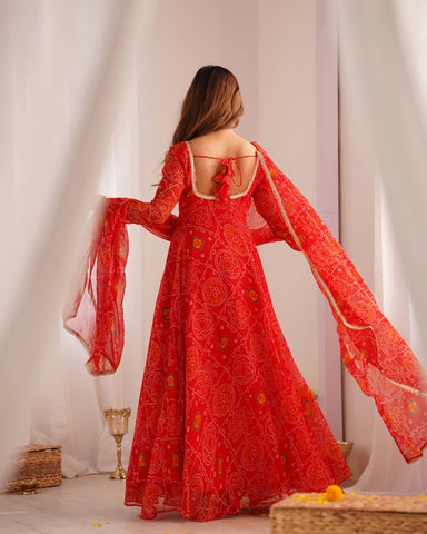 Function Wear Red Color Pure Soft Lightweight Chiffon Bandhej Fabric Designer Gown