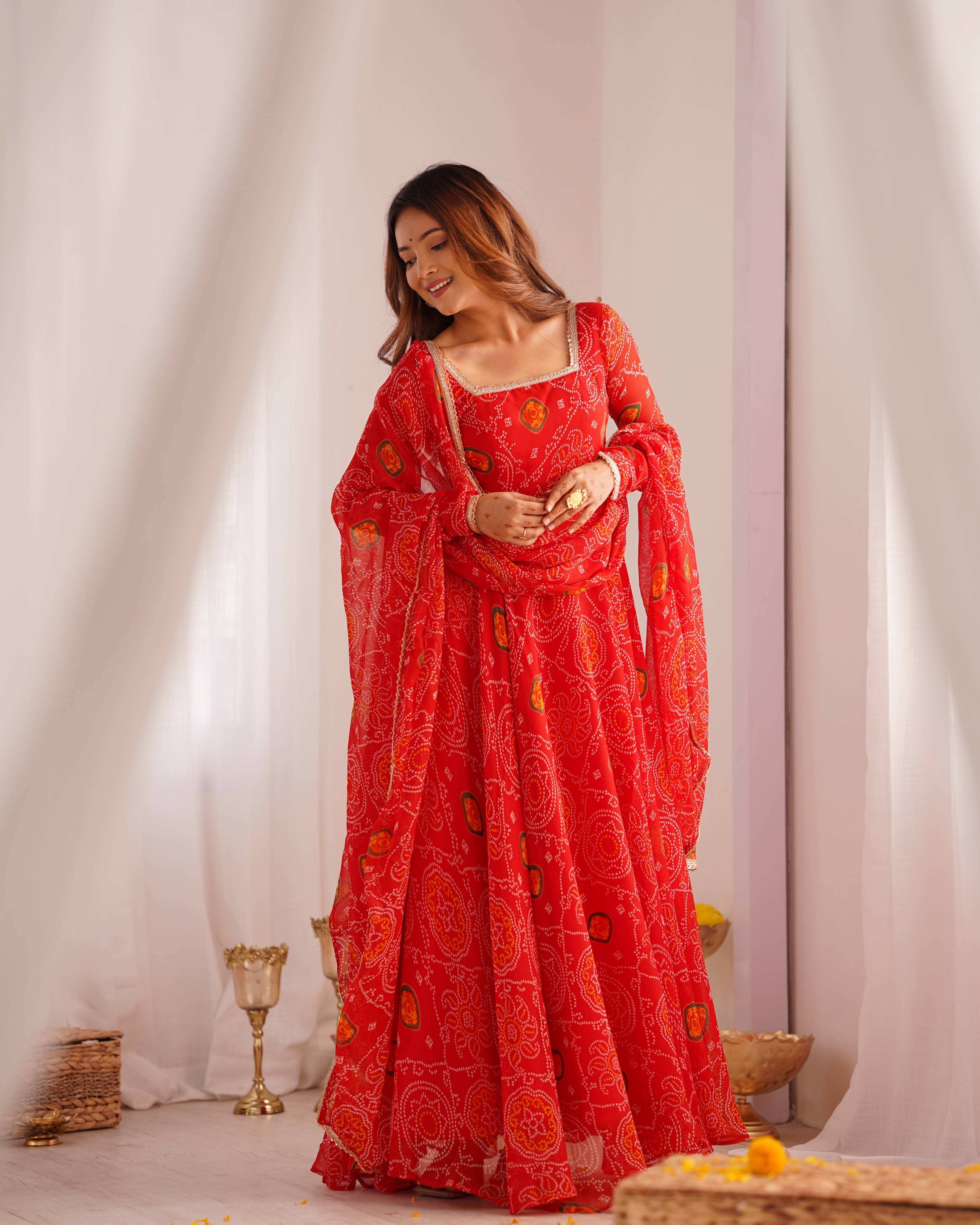 Function Wear Red Color Pure Soft Lightweight Chiffon Bandhej Fabric Designer Gown