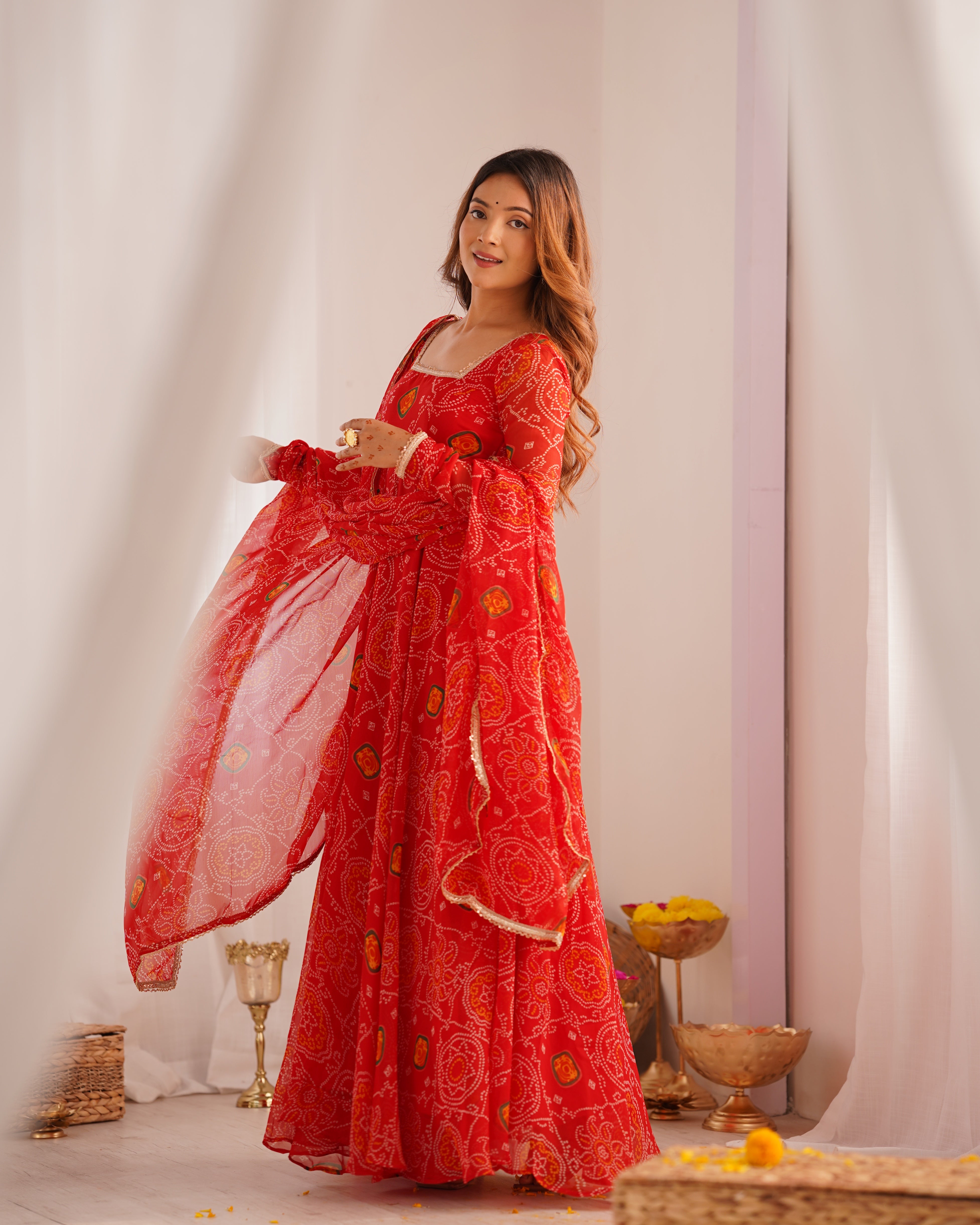 Function Wear Red Color Pure Soft Lightweight Chiffon Bandhej Fabric Designer Gown