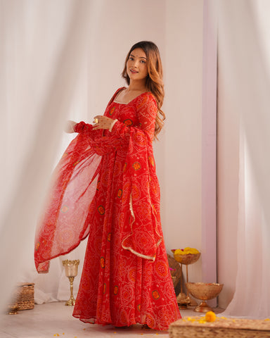 Function Wear Red Color Pure Soft Lightweight Chiffon Bandhej Fabric Designer Gown