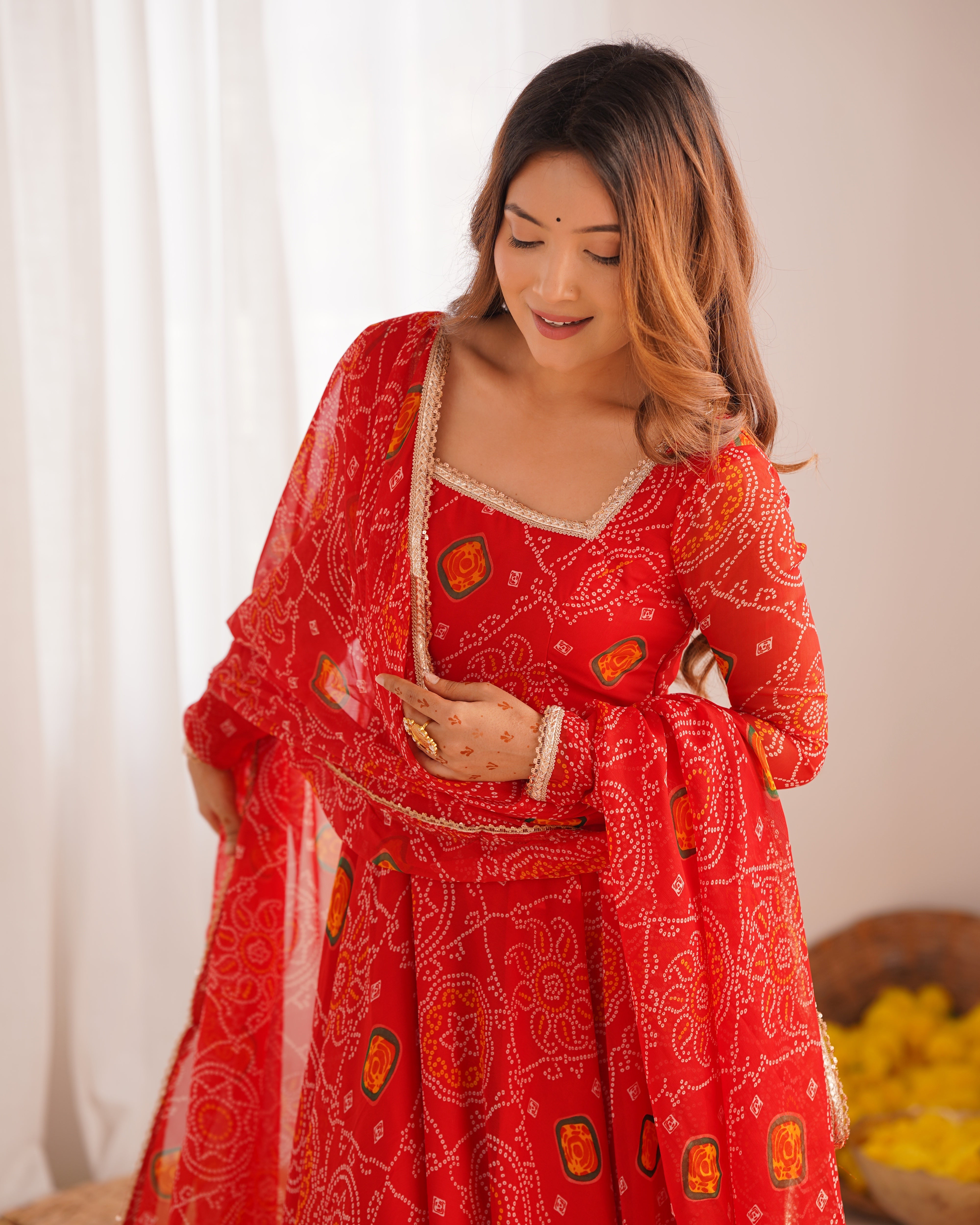 Function Wear Red Color Pure Soft Lightweight Chiffon Bandhej Fabric Designer Gown