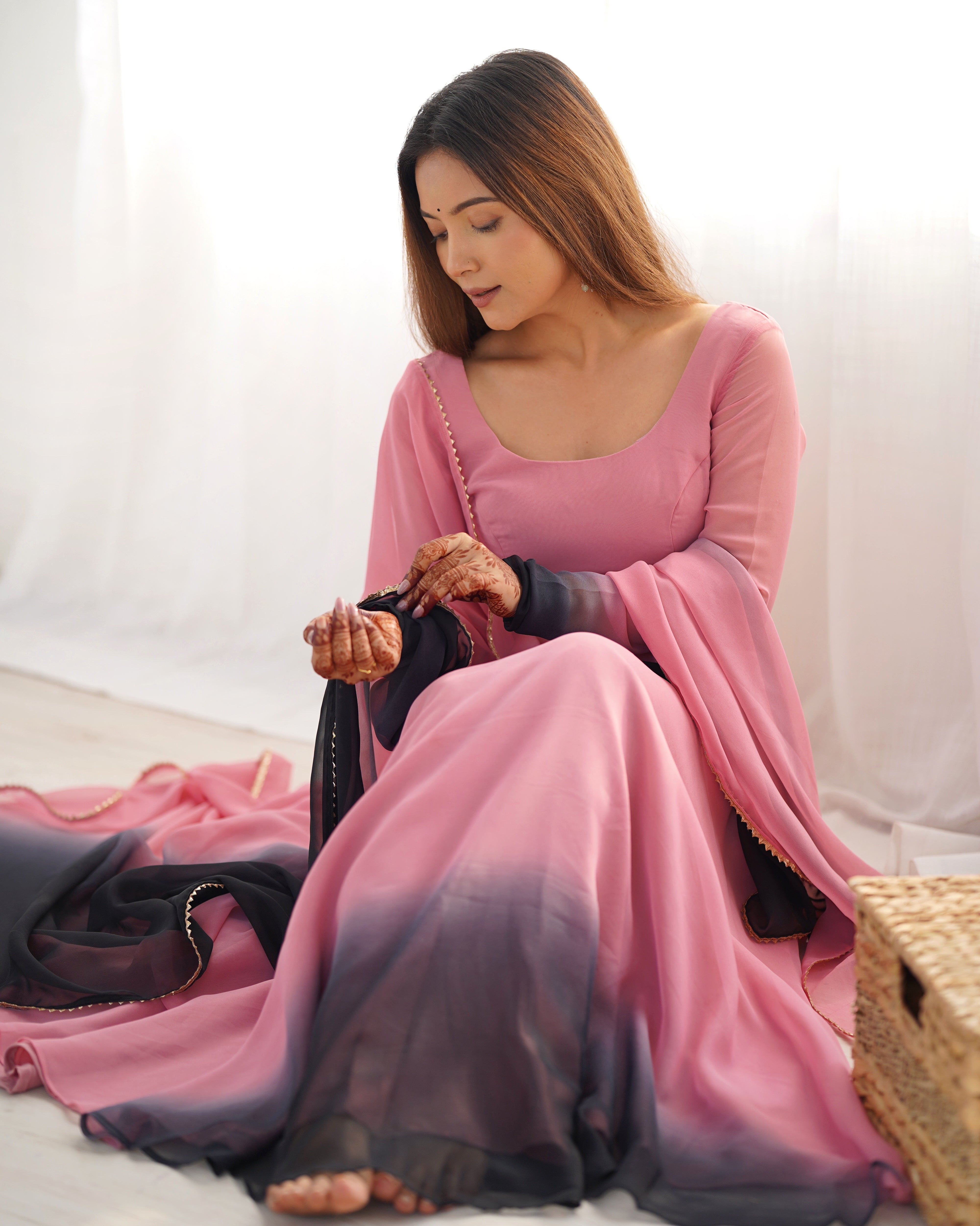 Luxuriant Peach And Black Color Heavy Pure Soft Faux Georgette Designer Anarkali Gown