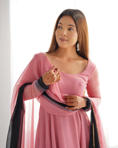 Luxuriant Peach And Black Color Heavy Pure Soft Faux Georgette Designer Anarkali Gown