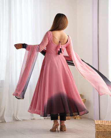 Luxuriant Peach And Black Color Heavy Pure Soft Faux Georgette Designer Anarkali Gown