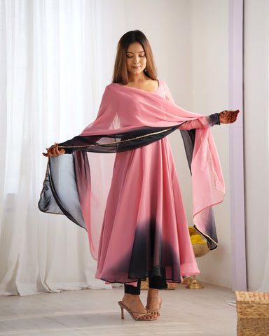 Luxuriant Peach And Black Color Heavy Pure Soft Faux Georgette Designer Anarkali Gown